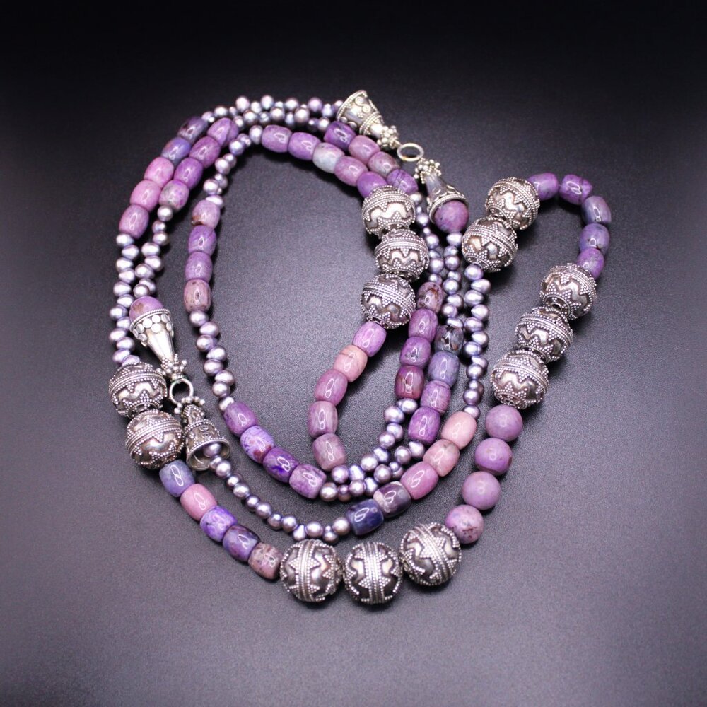 925 Sterling Silver Lepidolite Pearl Beaded Southwestern Statement Necklace